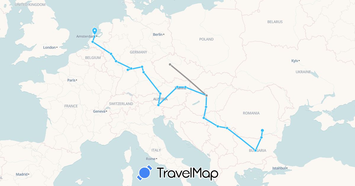 TravelMap itinerary: plane, boat in Austria, Bulgaria, Czech Republic, Germany, Croatia, Hungary, Netherlands, Romania, Serbia (Europe)